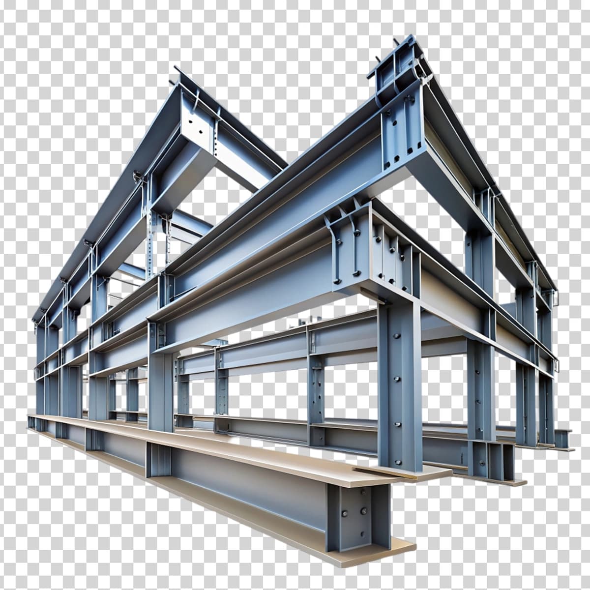 Moviy nurli metall bino shaffof fonni qo'llab-quvvatlaydi | Metal building with blue beams supports transparent background