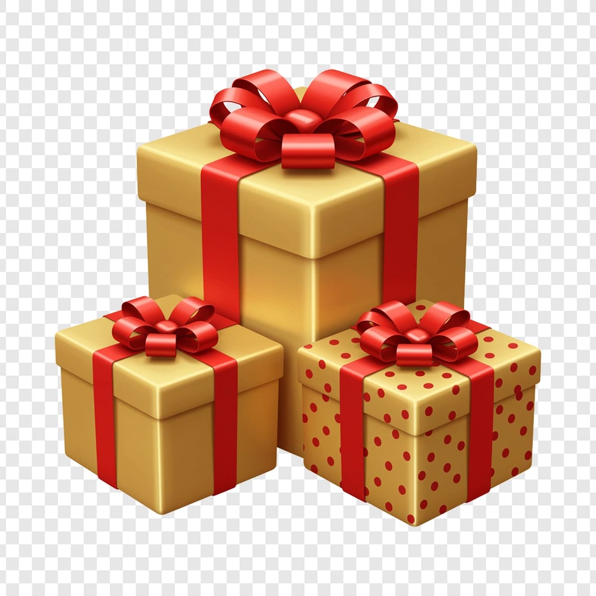 Shaffof fonda qizil lentali uchta oltin sovg'a qutisi | Three golden gift boxes with red ribbons transparent background
