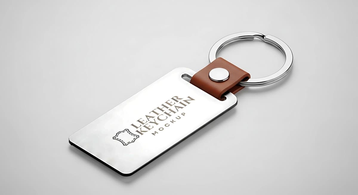 Nafis kumushrang jigarrang charmdan o‘yilgan detallar bilan brelok maketi | Elegant silver brown leather keychain mockup with engraved detail