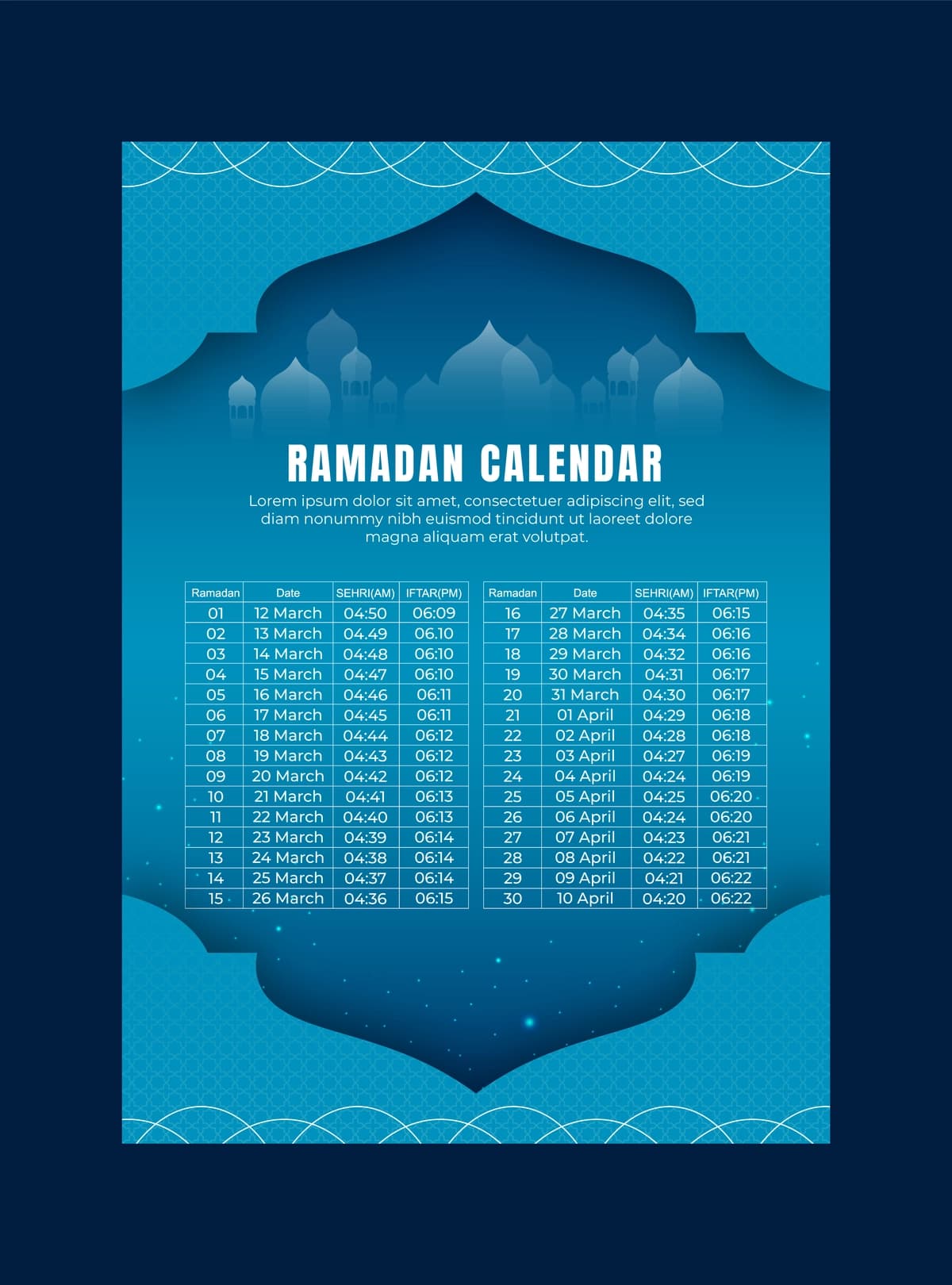 Haqiqiy Ramazon taqvimi shablonining sehri ifter vaqti jadvali | Realistic ramadan calendar template sehri ifter time schedule