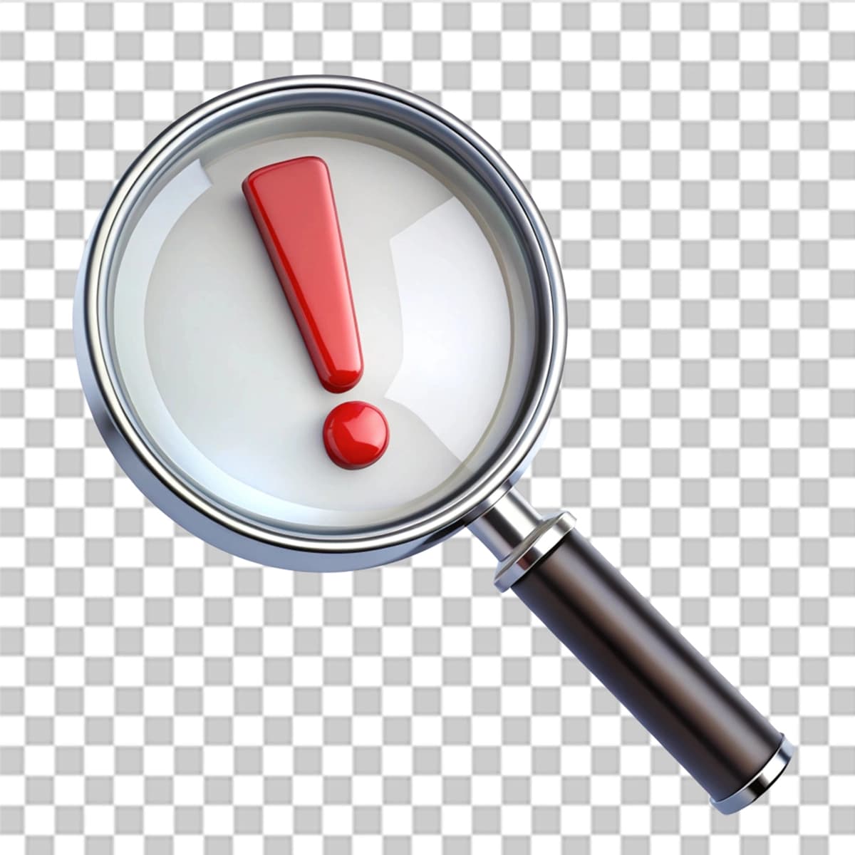 Undov belgisi bilan ajratilgan shaffof fonda kattalashtiruvchi oyna | Magnifying glass with exclamation point isolated transparent background