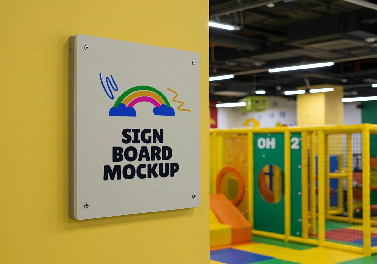 Sariq devordagi o'yin xonasi | Signboard mockup yellow wall playroom