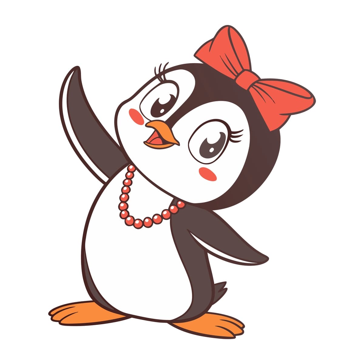 Qizil kamonli marjonlarni qo‘l silkitgan yoqimli pingvin | Cute penguin with red bow necklace waving hand