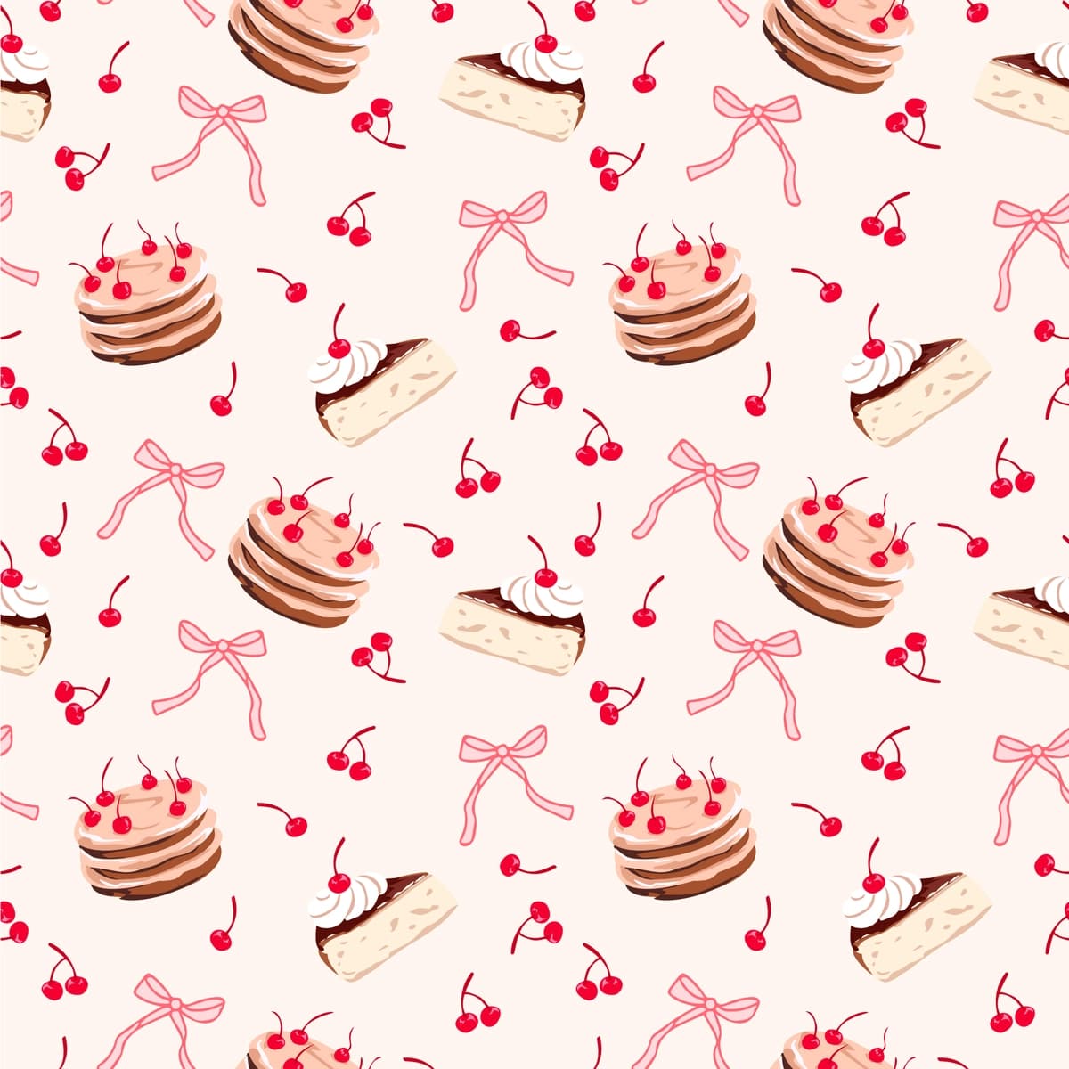 Gilos keki lentasi choksiz naqshli yoqimli desert vektor foni | Cherry cake ribbon seamless pattern cute dessert vector background