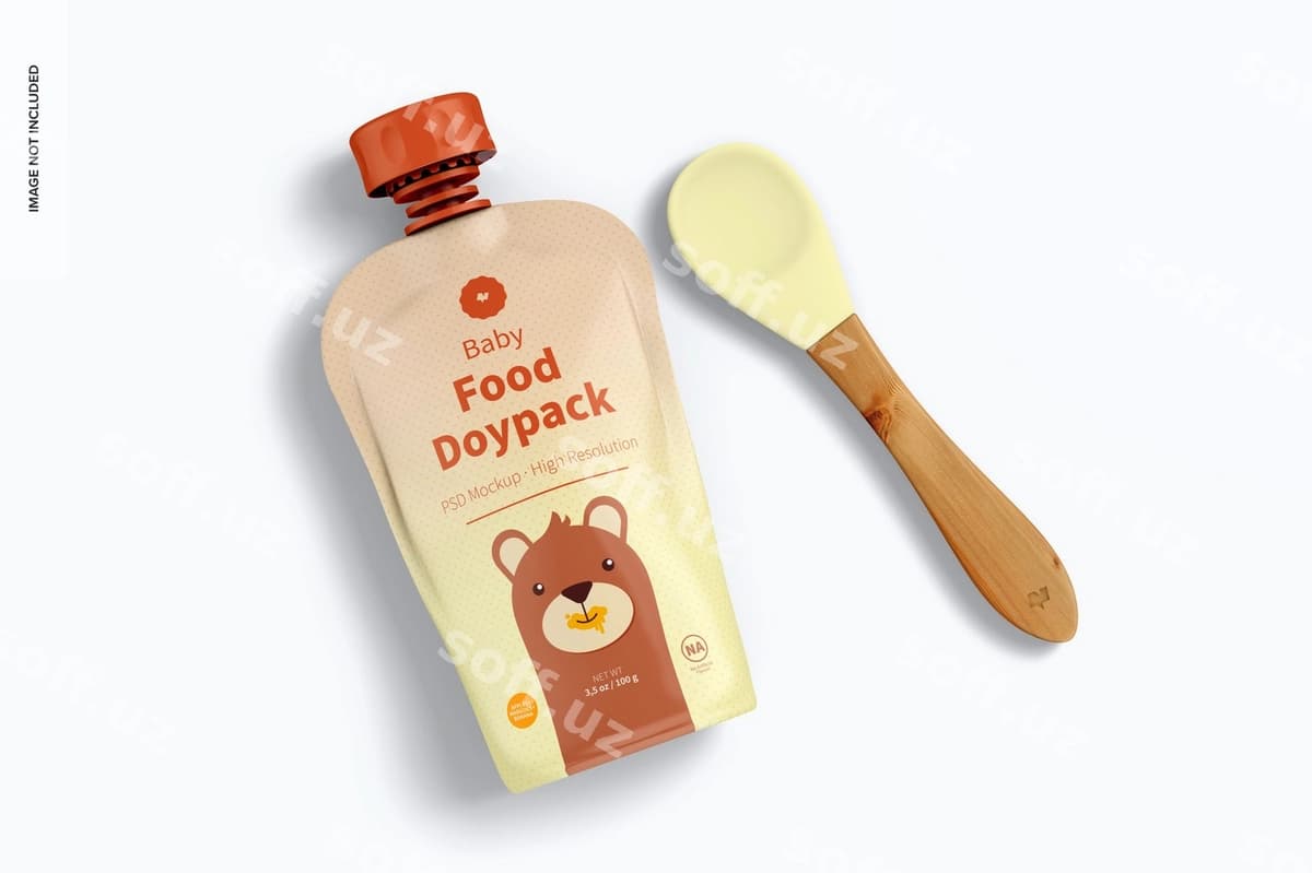 Bolalar ovqati doypack qoshiq namunasi | Baby food doypack spoon mockup