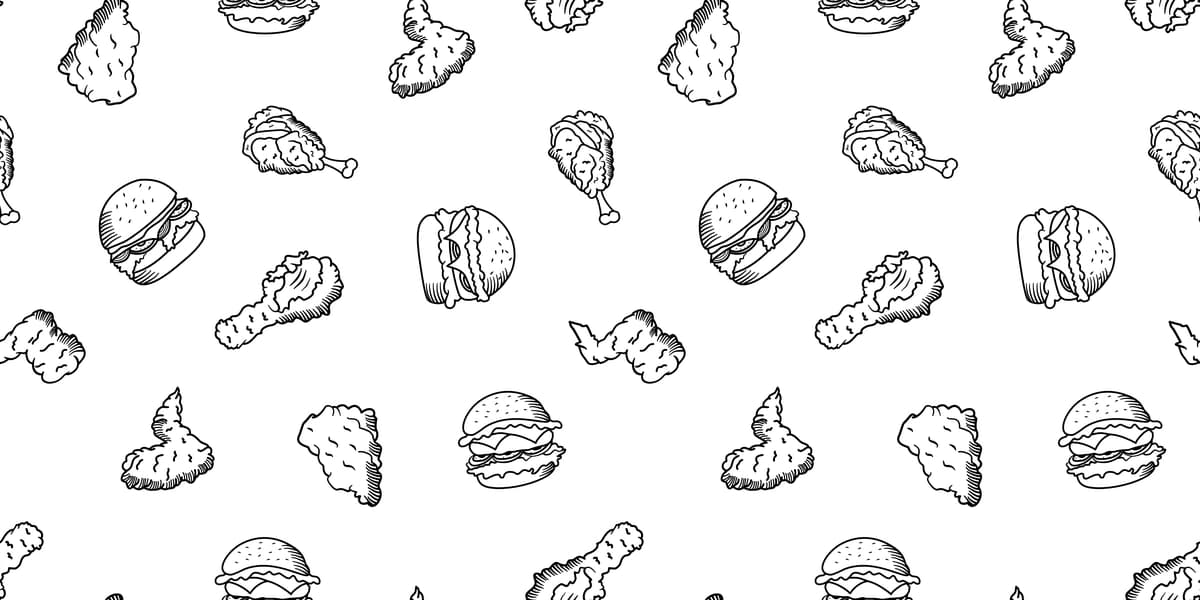 Qovurilgan tovuq naqshli fon fonida qovurilgan tovuq namunasi | Fried chicken seamless pattern background doodle fried chicken pattern