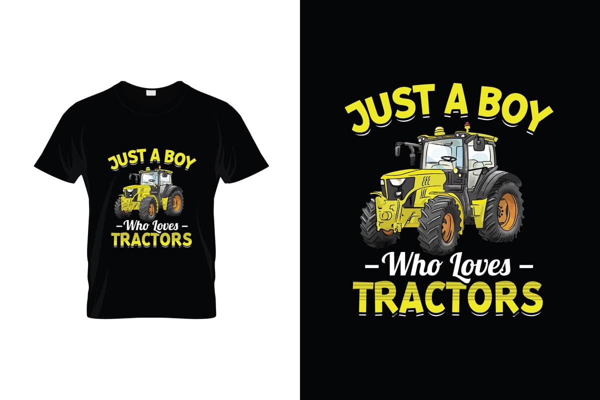 Traktorlarni yaxshi ko'radigan bola deb yozilgan qora futbolka | Black t shirt that says just boy who loves tractors it