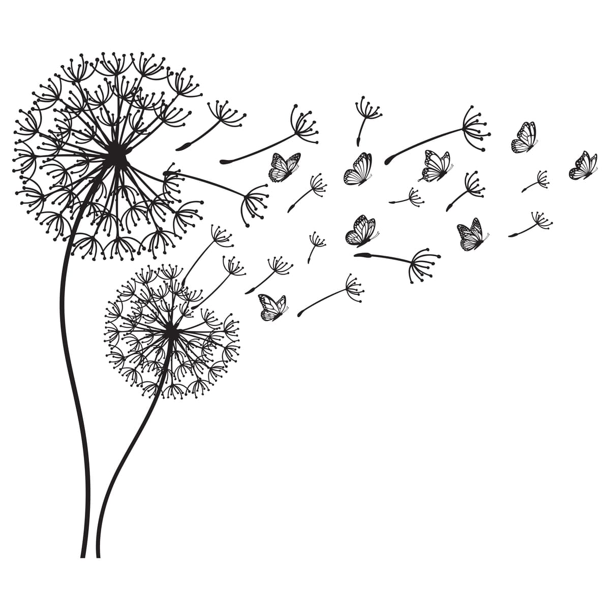 Vektorli rasmda qora momaqaymoq urug'lari shamol bilan izolyatsiya qilingan holda esmoqda | Vector illustration black dandelion seeds blowing wind isolated