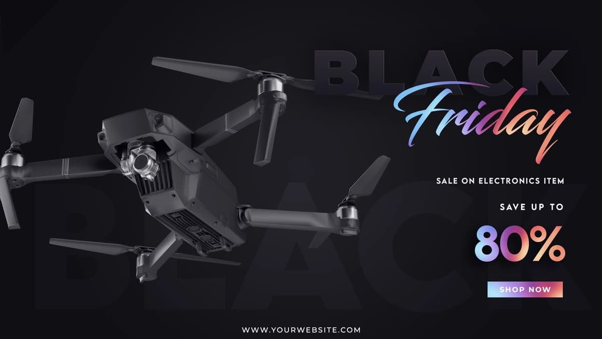 Qora juma chegirma banneri tushirilgan to'q fonli dron | Drone with dark background black friday sale banner