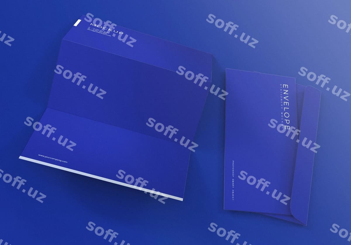 Ko'k konvert xat sarlavhasi namunasi | Blue envelope with letterhead mockup