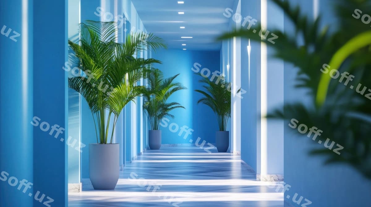 Ko'k kotarxona o'simliklar bilan | Blue hallway with plants