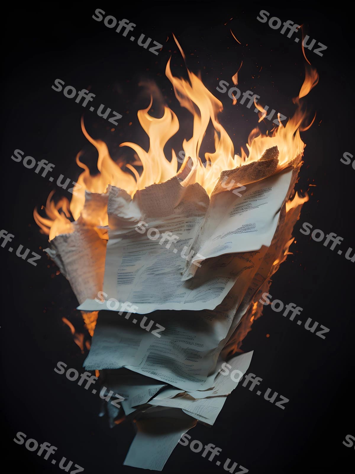 Yondirilgan qog'oz to'plami qorong'u orqa fonda | Burning paper stack dark background