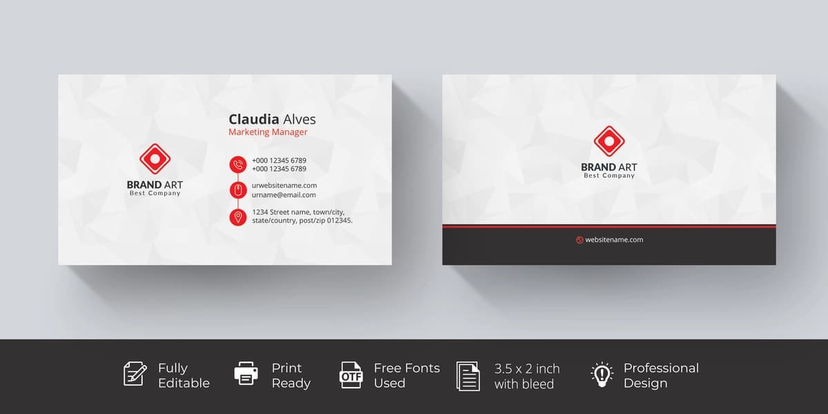 Qizil tafsilotlar bilan oq vizitka | White business card with red details