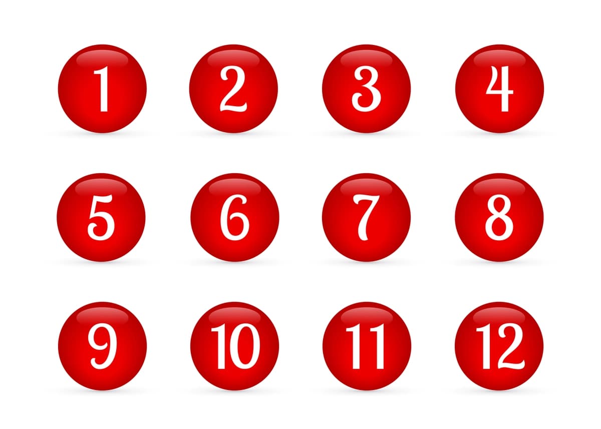 1 ta 12 ta qizil shisha tugmachalardan raqamlar tushirilgan yaltiroq dumaloq tugmachalarni o'rnating | Set glossy round buttons with numbers from 1 12 red glass buttons