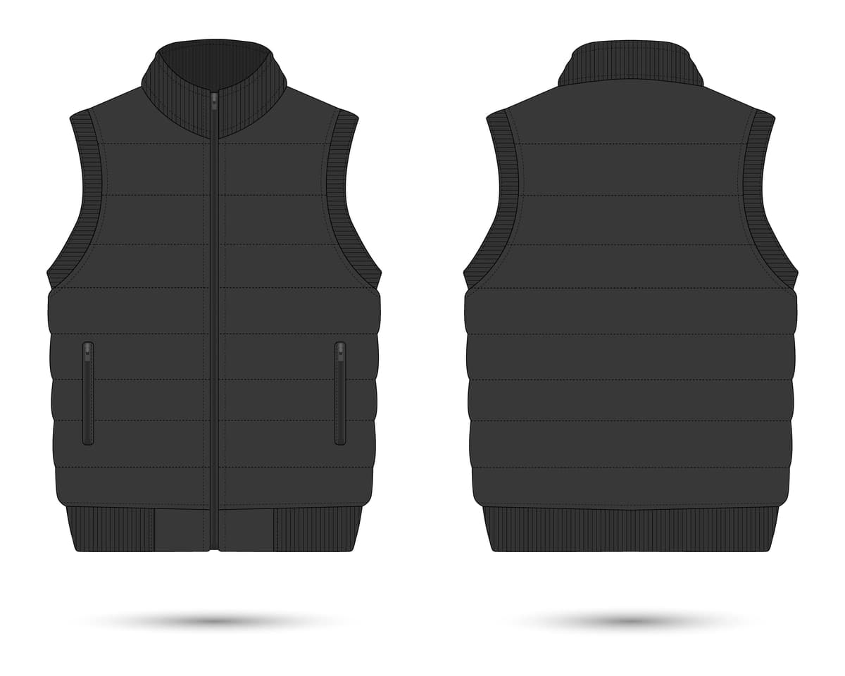 Qora puffer yelek maketi oldingi orqa koʻrinishdagi vektor tasviri | Black puffer vest mockup front back view vector illustration