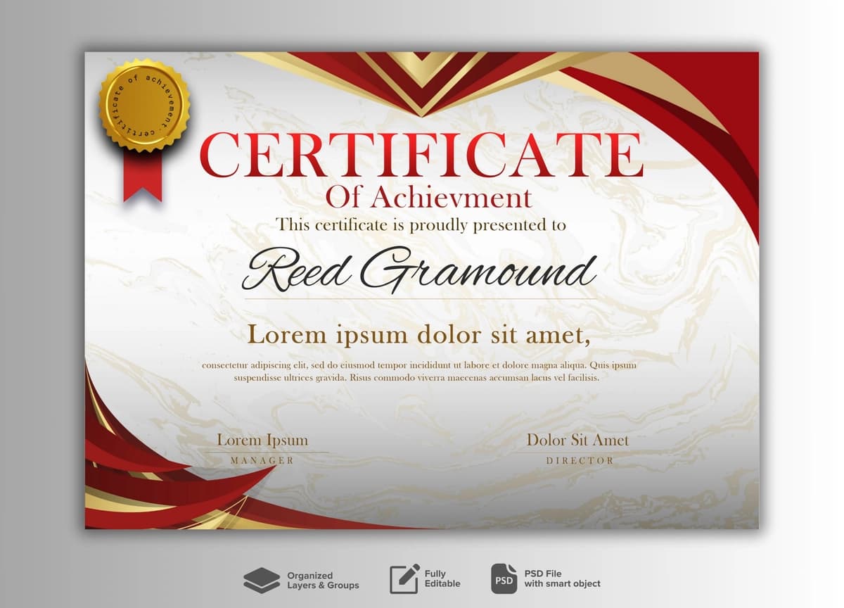 Qizil oltin tafsilotlari bilan oqlangan sertifikat shabloni | Elegant certificate template with red golden details