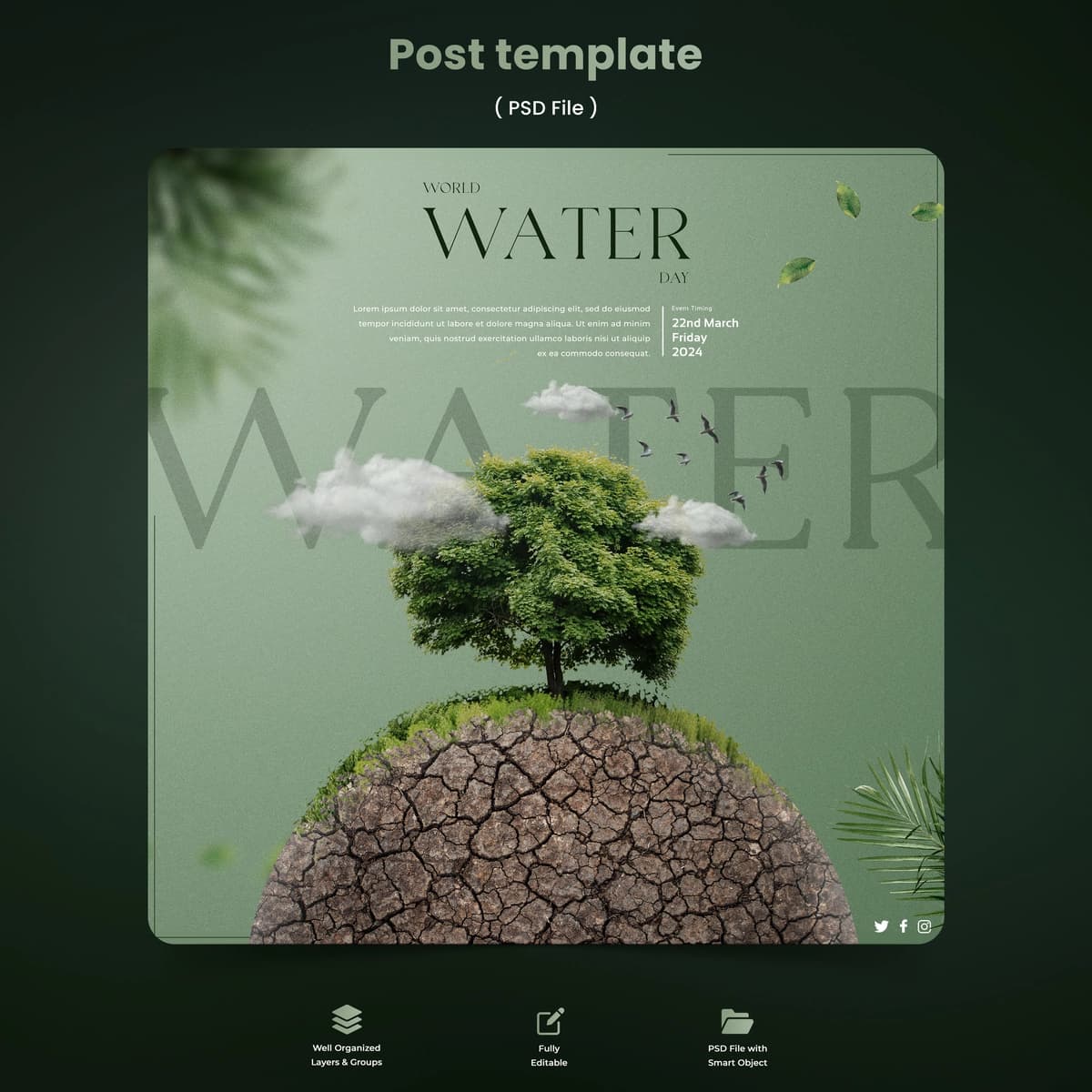 Gradient Jahon suv kuni kvadrat plakat shabloni | Gradient world water day square poster template