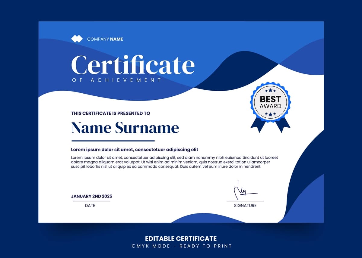 Zamonaviy ko'k to'lqinli sertifikat dizayn shabloni | Modern blue wavy certificate design template
