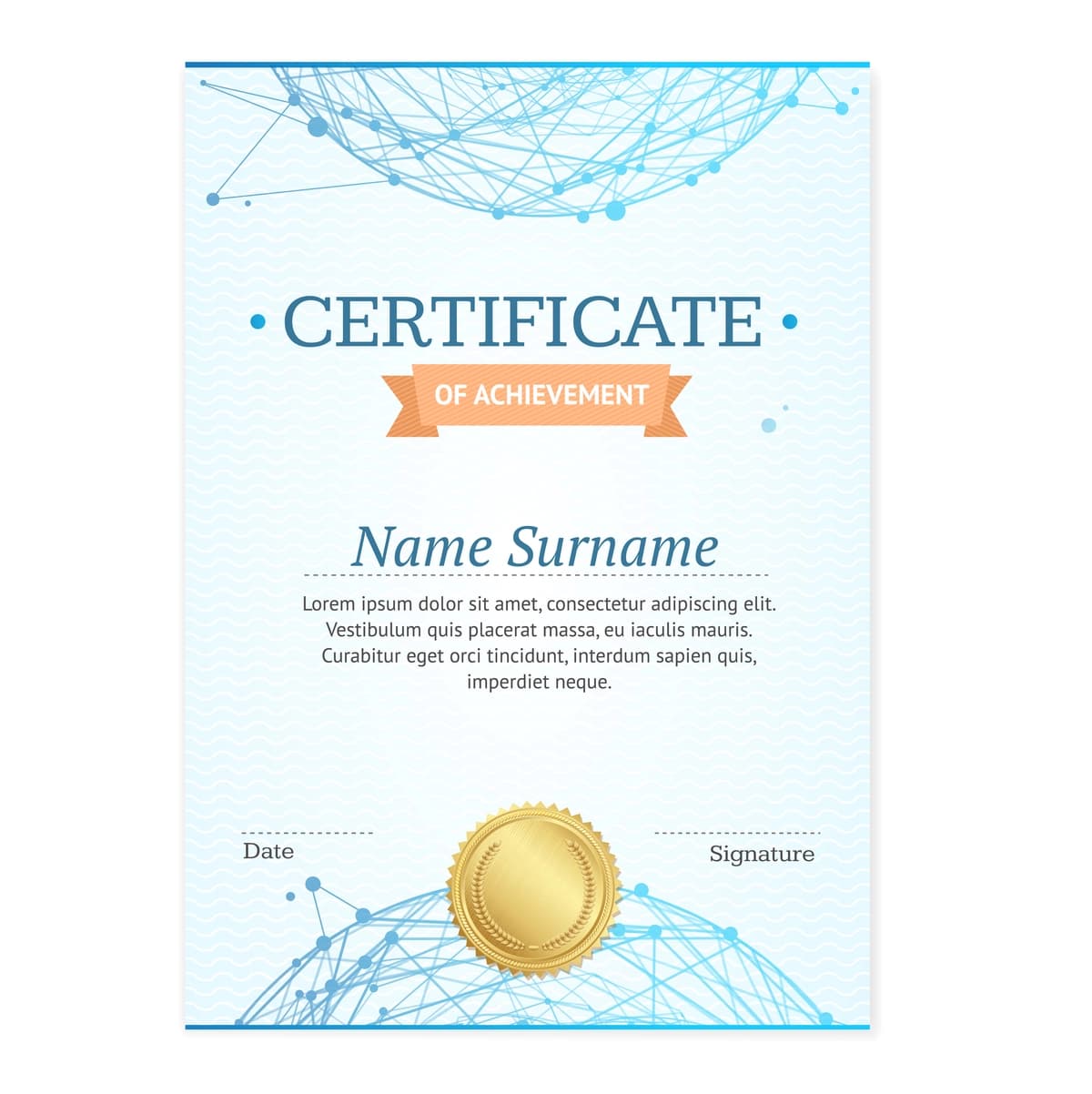 Mavhum tarmoqli vektor tasviri bilan sertifikat vertikal shabloni | Certificate vertical template with abstract mesh sphere vector illustration