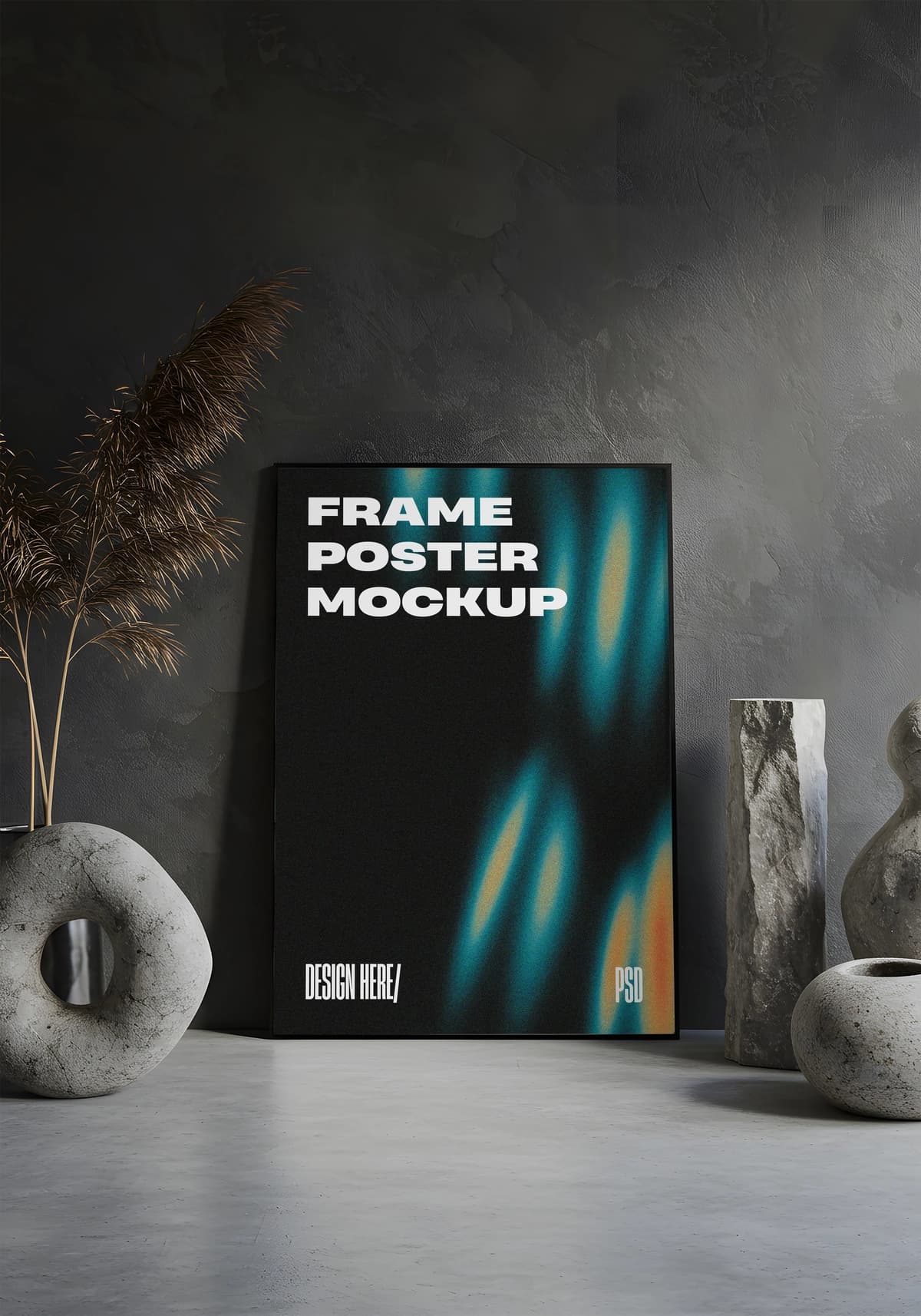 Dekorativ elementlarga ega ramka plakati maketi beton yuzasi | Frame poster mockup concrete surface with decorative elements