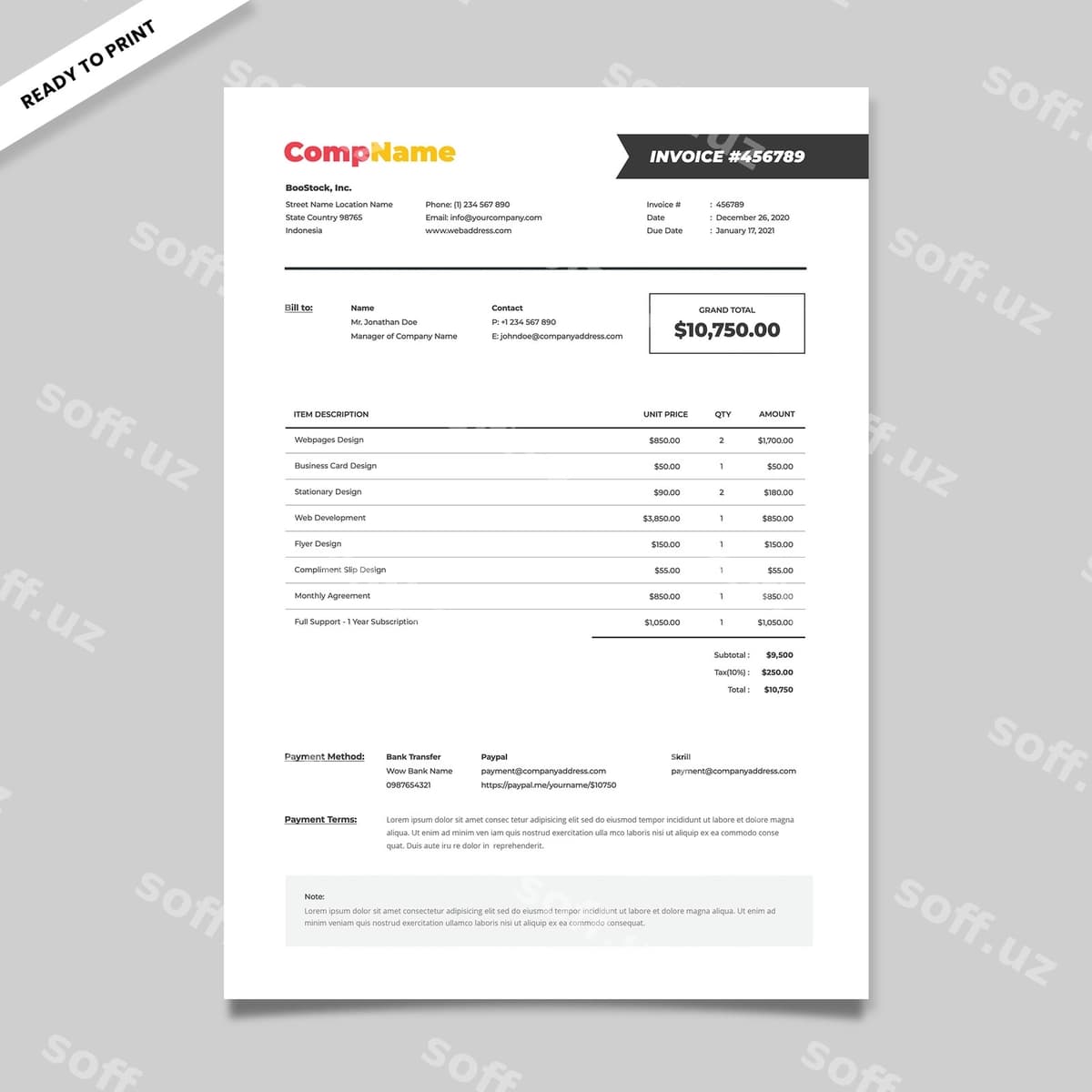 Toza professional hisob-faktura shabloni | Clean professional invoice template
