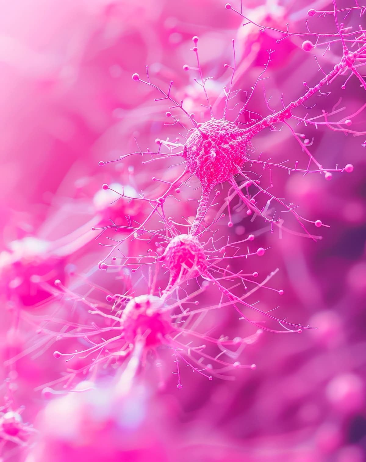 Neyron hujayralarining yaqinlashishi pushti rangda | Closeup neurons cells connections pink