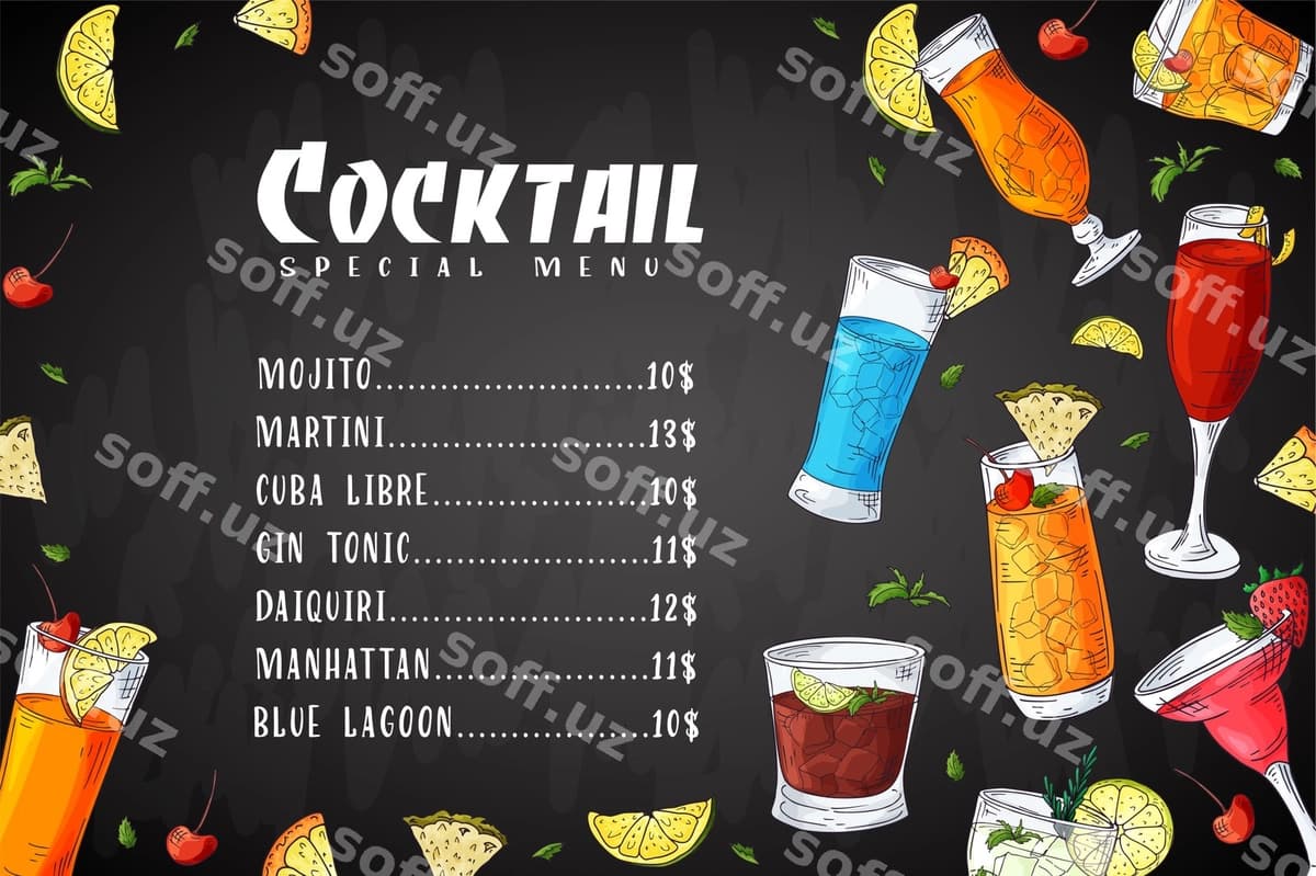 Kokteyl ichimliklari menyusi | Cocktail drinks menu