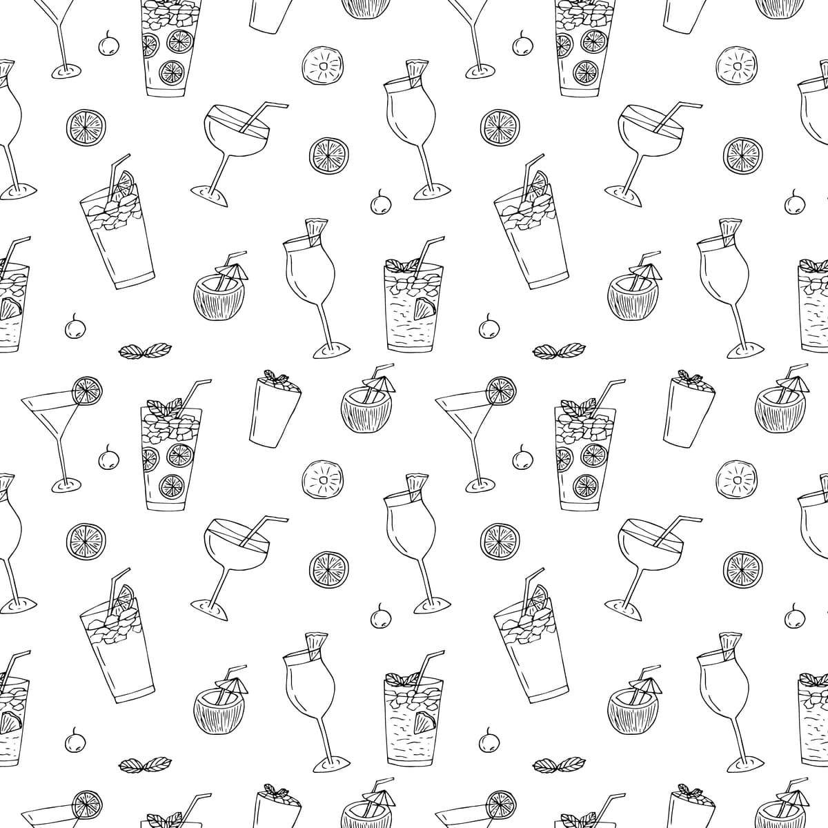 Kokteyllar choksiz naqsh vektor illyustratsiyasi qo'lda chizilgan dudlelar | Cocktails seamless pattern vector illustration hand drawing doodles