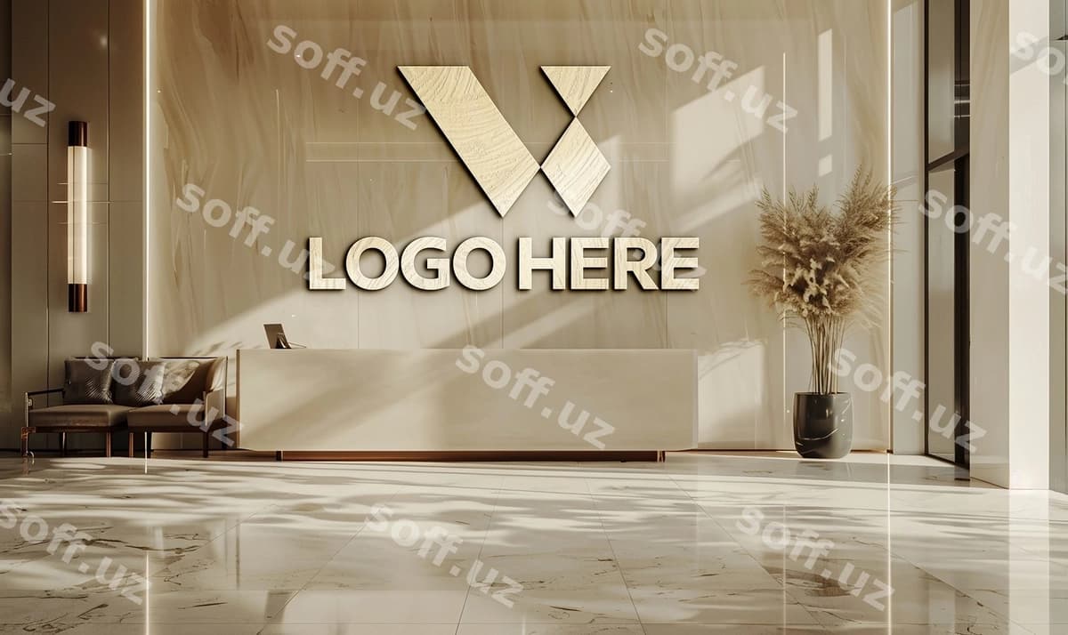 Kompaniya qabulxona devor logotip namunasi | Company reception wall logo mockup