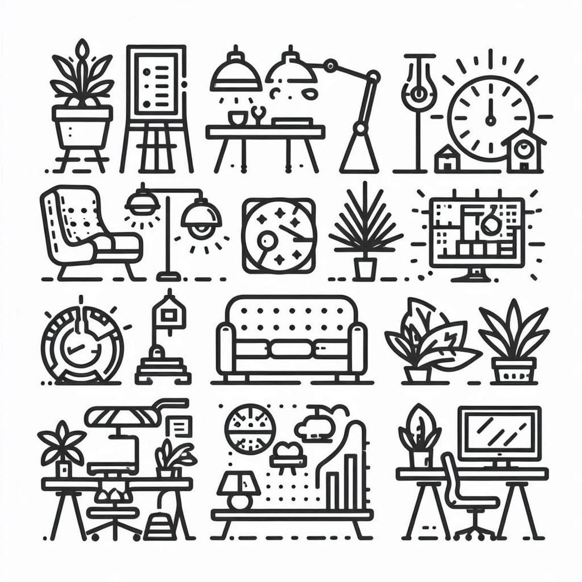 Ichki dizayn elementi kontur piktogramma to'plami 4 | Interior design element outline icon set 4