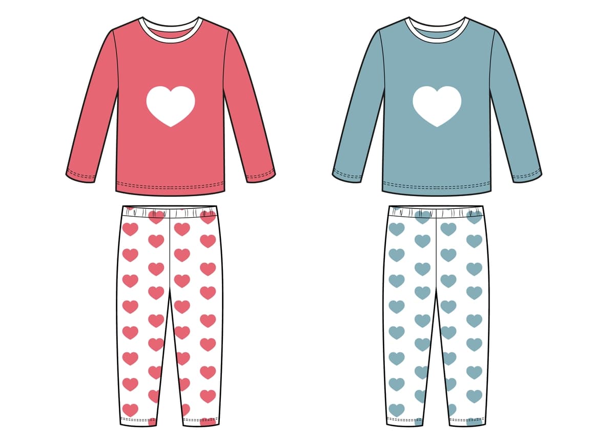 Qizlar o'g'il bolalar pijamalari yuraklari naqshli texnik eskiz | Girls boys pajamas with hearts pattern technical sketch