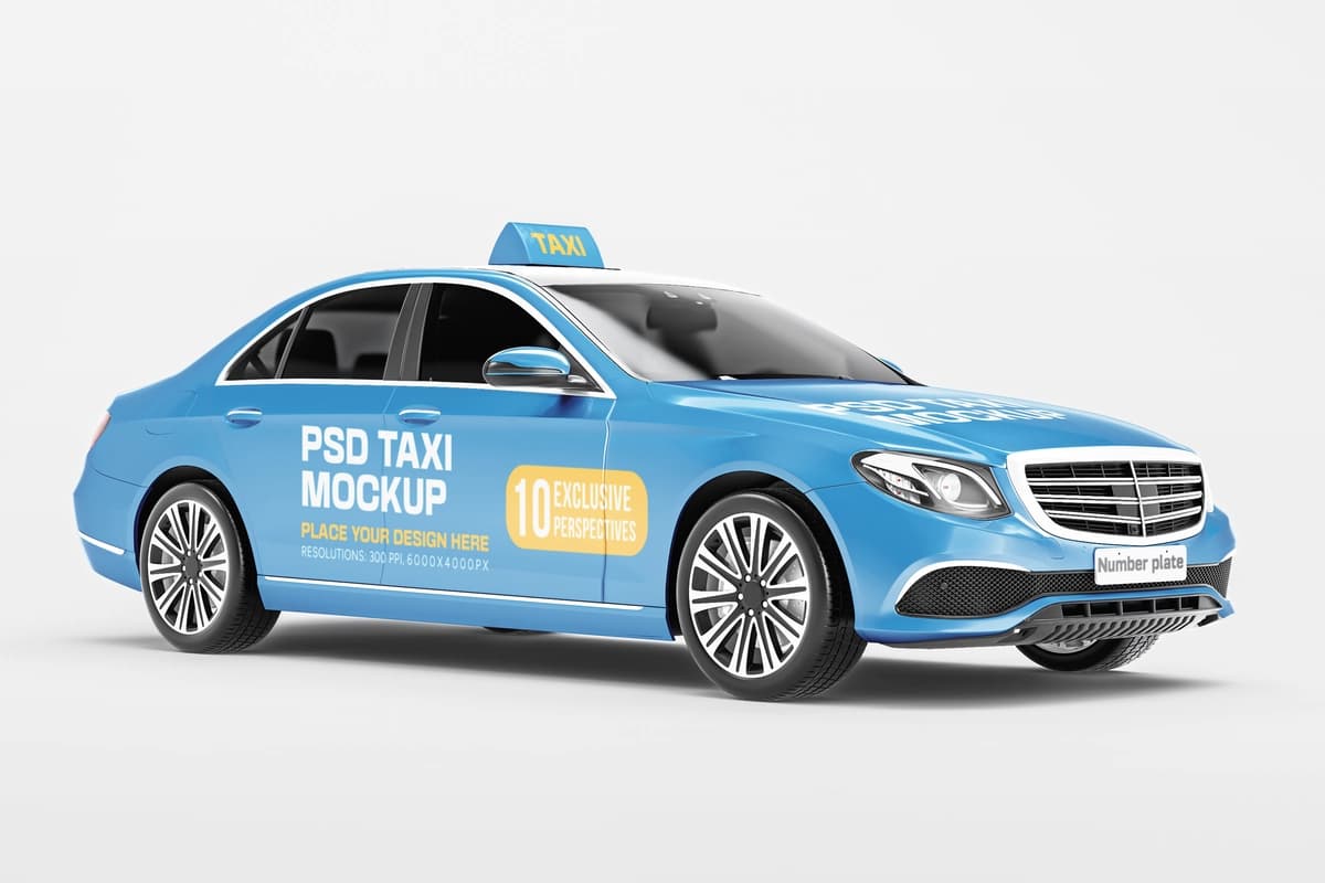 3D renderlangan yoʻlovchi taksi mashinasi maketi old oʻngdan istiqbolli koʻrinish | 3d rendered passenger taxi car mockup front right perspective view