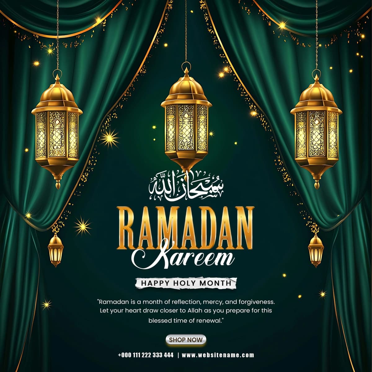 Ramazon karimini oltin chiroqlar bilan islomiy yashil pardalar bilan tabriklash | Ramadan kareem greeting with golden lanterns green curtains islamic
