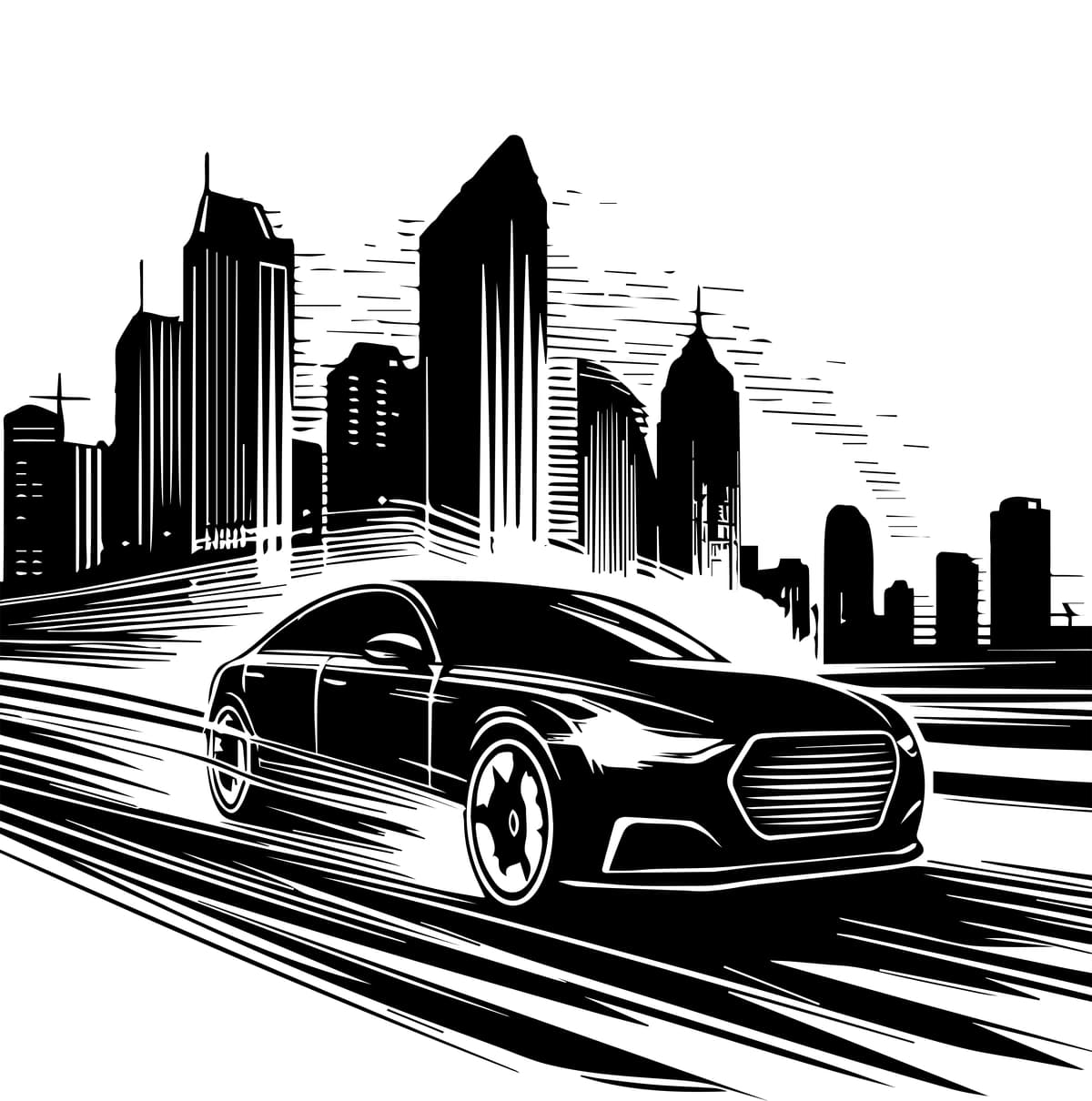 Bepul vektorli qo'lda chizilgan mashinada shaharning asosiy yo'li silueti bor | Free vector handdrawn car has driving city main road silhouette