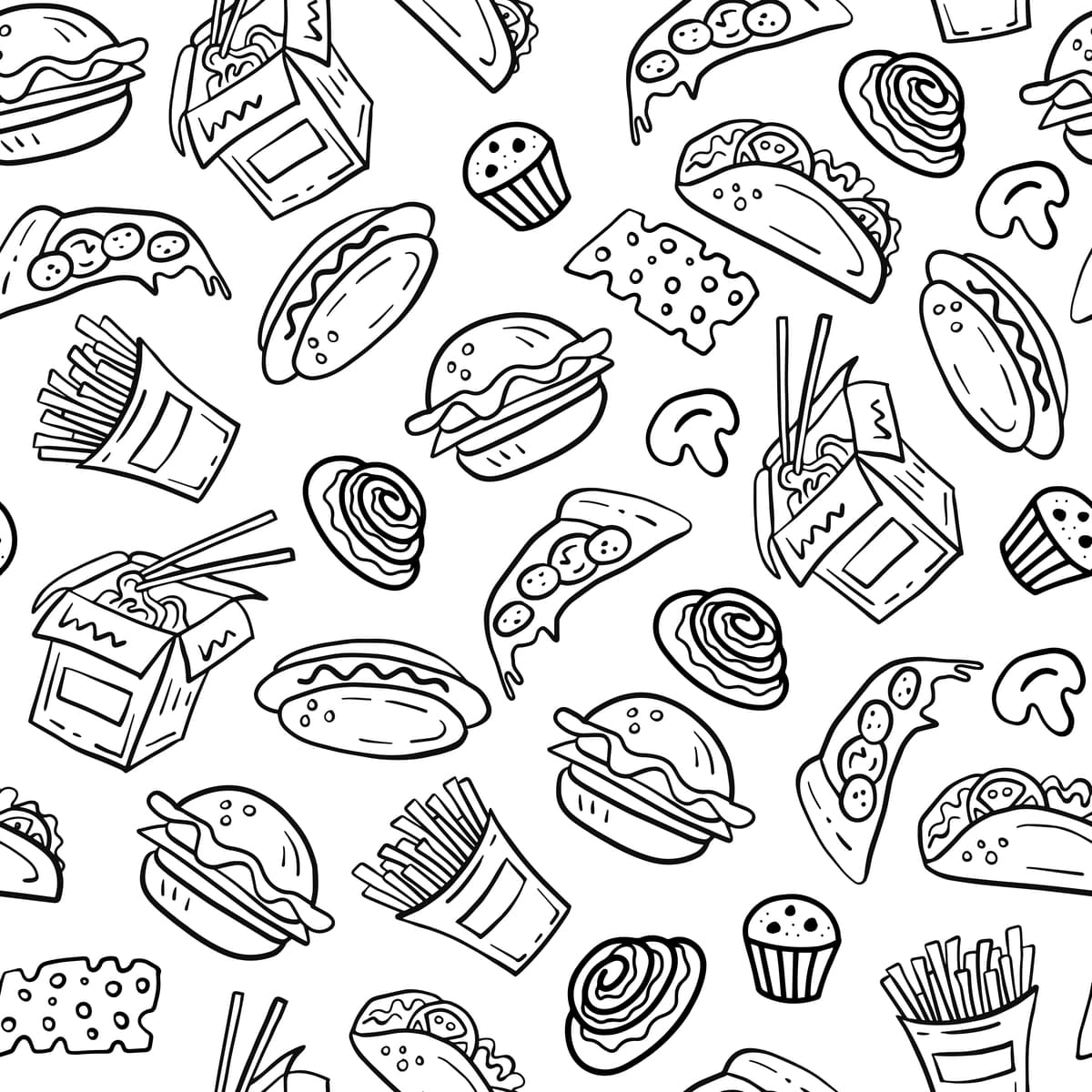Doodle tez ovqatlanish vektori choksiz naqsh | Doodle fast food vector seamless pattern