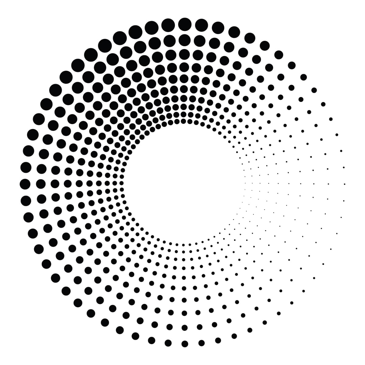 Qora dumaloq yarim tonli tekstura nuqtali radiusli aylanma tornado shaklidagi gradient | Black round halftone texture dotted radial swirl tornado shape gradient
