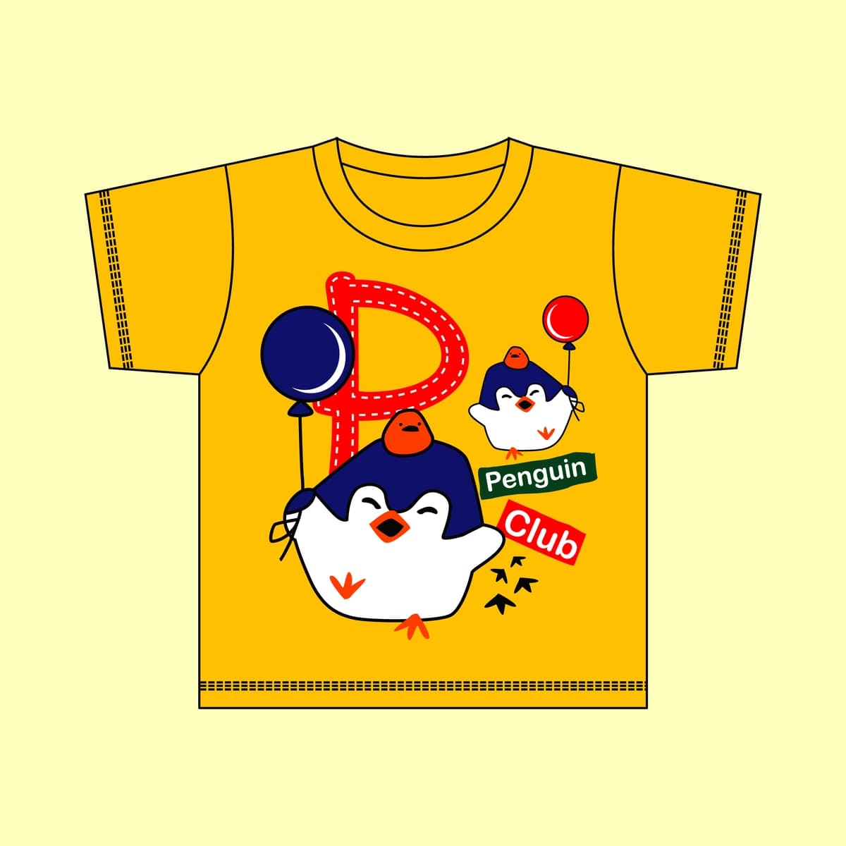 Multfilm pingvinlari dizayndagi p harfi bilan sariq ko'ylak | Yellow shirt with letter p itdesign cartoon penguins