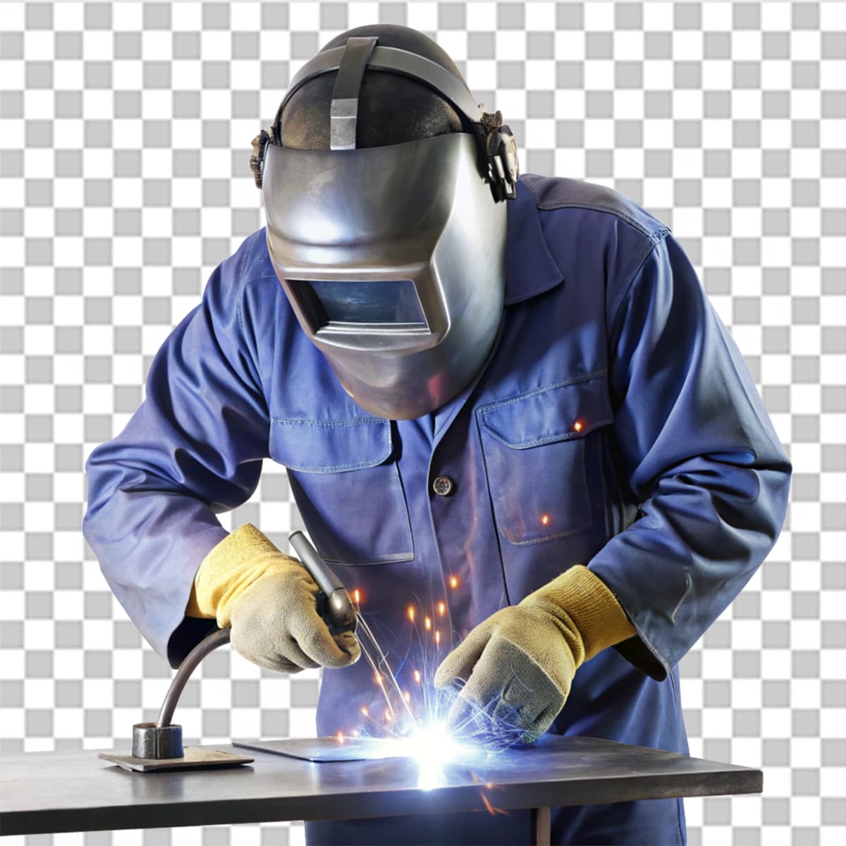 Shaffof fonda metall buyumni payvandlaydigan odam | Man welding metal object transparent background