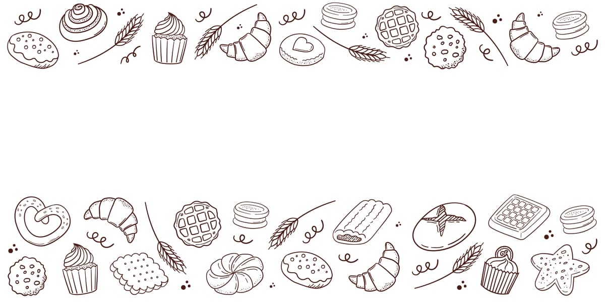 Nonvoyxona banneri qo'lda chizilgan qandolat shirinligi konturining illyustratsiyasi | Bakery shop banner hand drawn pastry dessert outline illustration