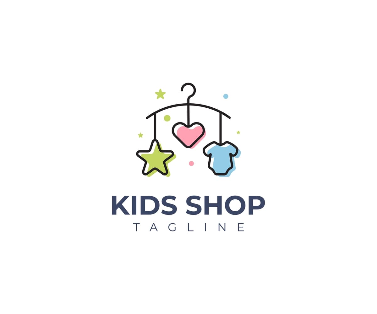 Bolalar do'koni logotipi chaqaloq mobil kiyimlari chizilgan dizayn | Kids shop logo baby mobile clothing line art design