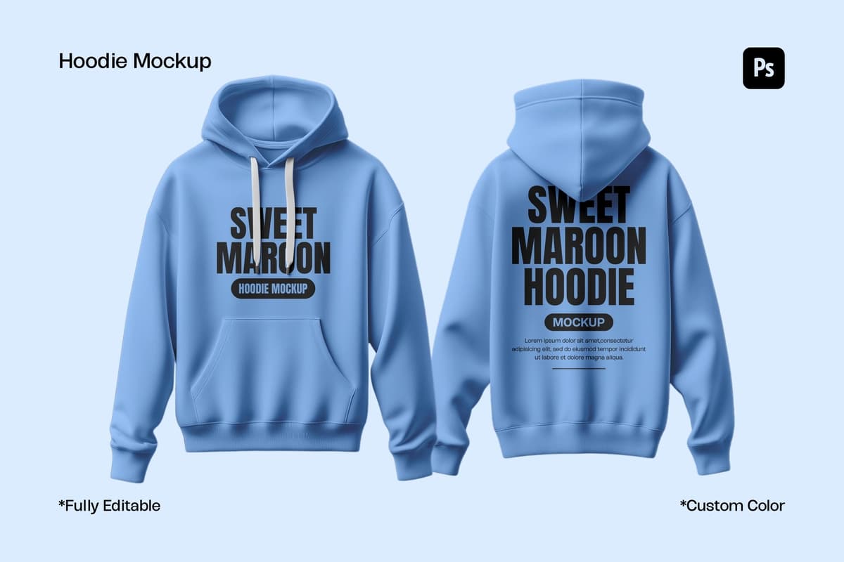 Oldindan orqa koʻrinishga ega haqiqiy ochiq koʻk qalpoqli maket shabloni | Realistic light blue hoodie mockup template with front back views