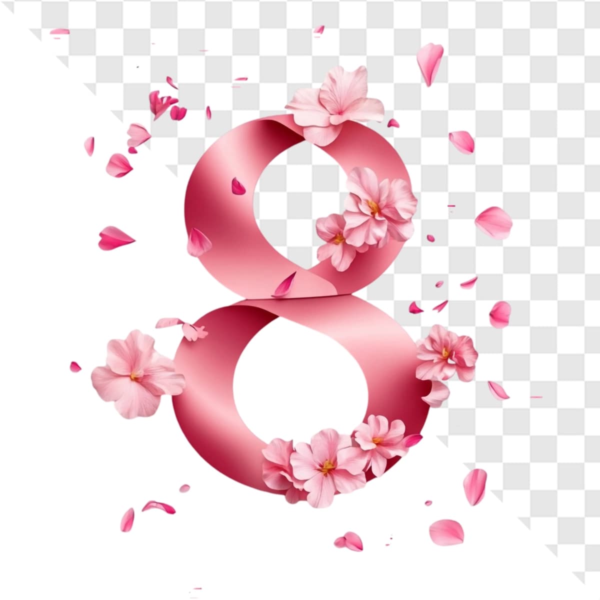 Pushti lenta sakkizta gul barglari bilan suzuvchi nozik bayram | Pink ribbon eight with flowers petals floating delicately celebration