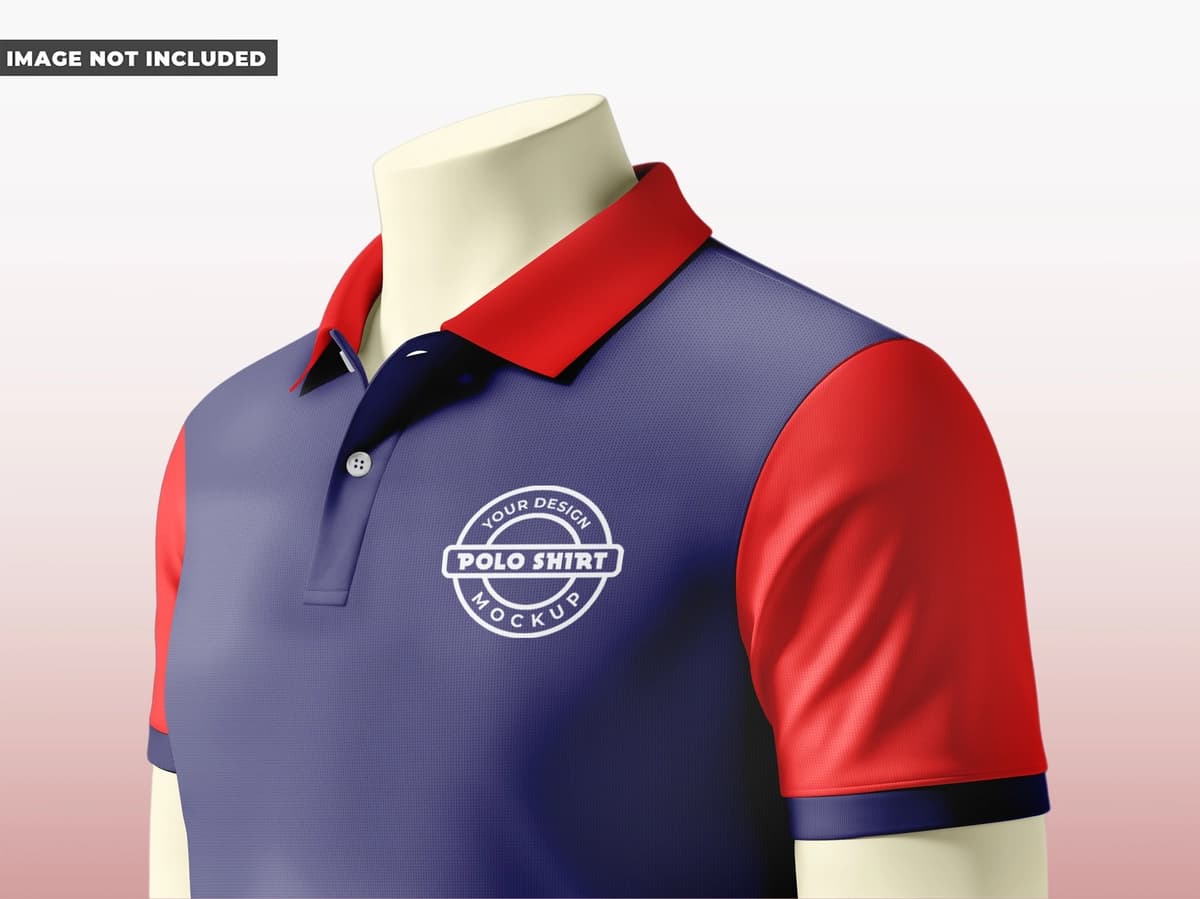 Qizil ko'k rang sxemali polo ko'ylak maketi | Polo shirt mockup with red blue color scheme