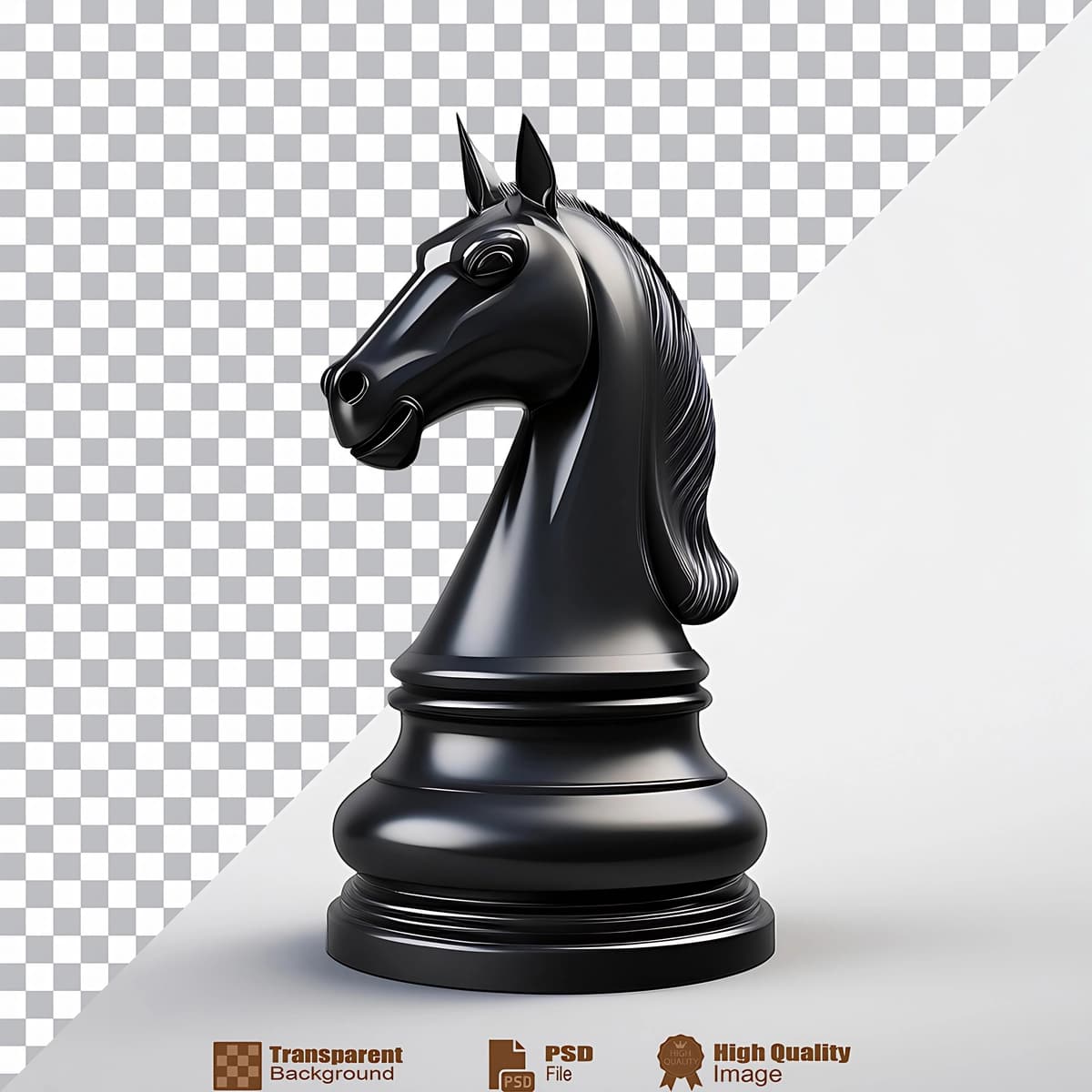 Ot boshi dizayni qora rangda ajratilgan oqlangan shaxmat parchasi | Elegant chess piece with horse head design black color isolated