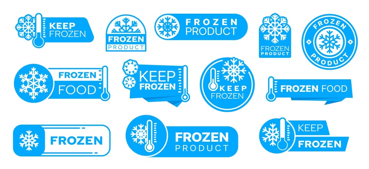 Moviy muzlatilgan sovuq mahsulot piktogrammalarida nishonlar | Blue frozen cold product icons labels badges