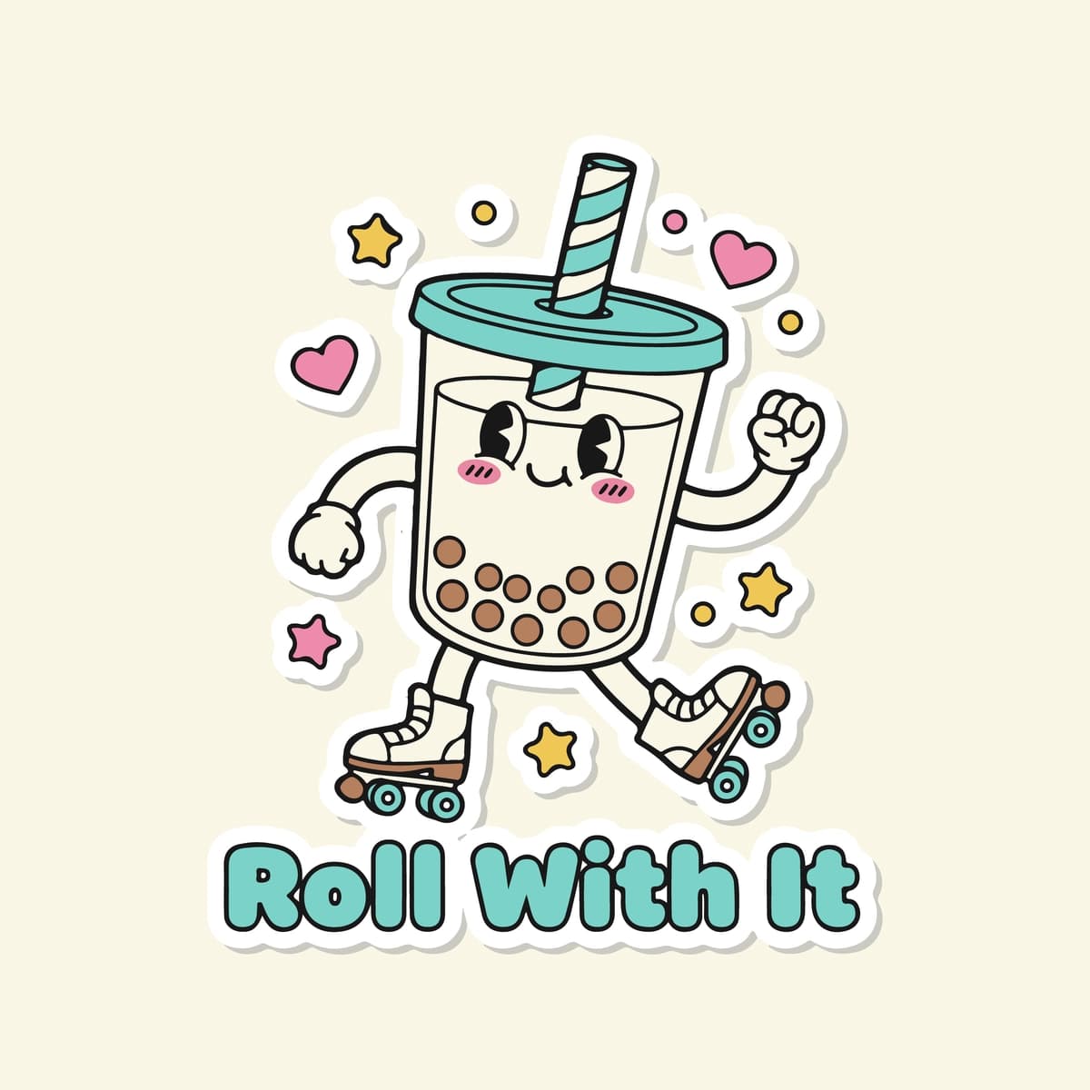 Yoqimli pufakchali choy maskotining multfilmi. Rolikli konki | Cute bubble tea mascot cartoon illustration with roller skates roll