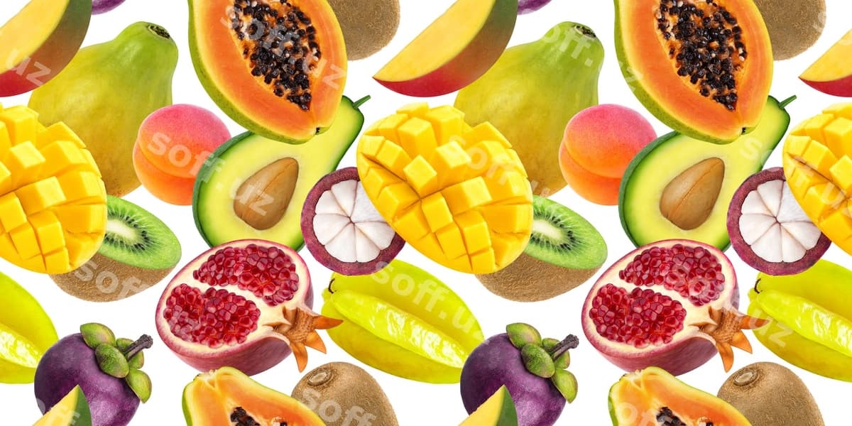 Tushyotgan ekzotik mevalar ajralgan oq | Falling exotic fruits isolated white