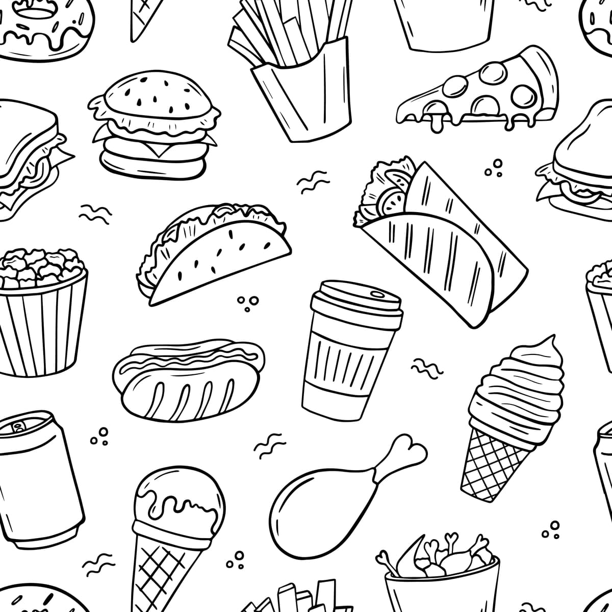 Qo'lda chizilgan choksiz naqshli tez ovqat doodle | Hand drawn seamless pattern fast food doodle