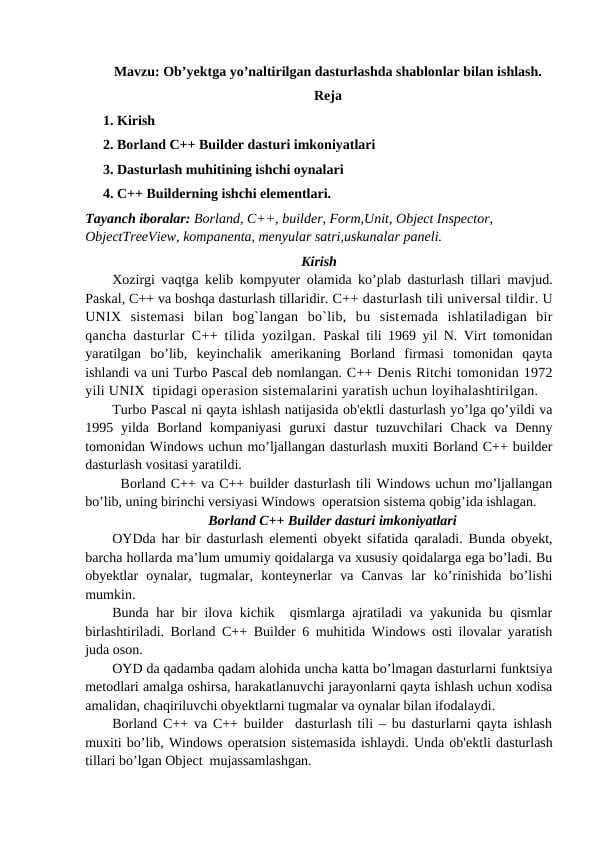 Ob’yektga yo’naltirilgan dasturlashda shablonlar bilan ishlash