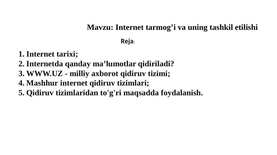 Internet tarmog’i va uning tashkil etilishi